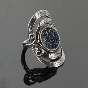 Or Paz Druzy Quartz Stone Hammered Sterling Silver Ring Shield Band Size 6